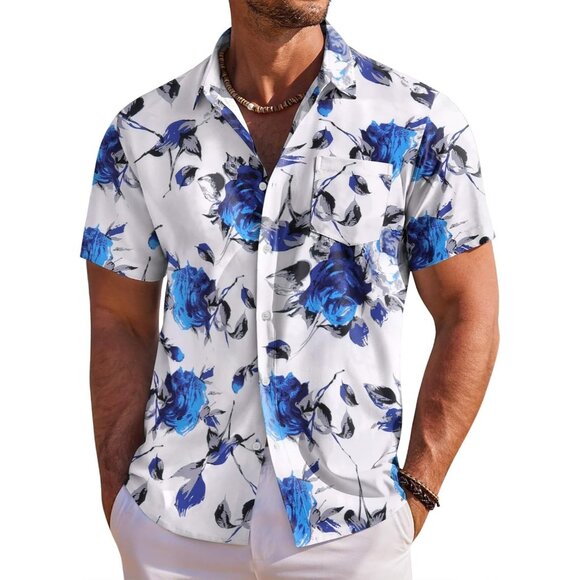 Men's Blue Hawaiian Shirt Short Sleeve Button Down Shirts Tropical Beach Shirt